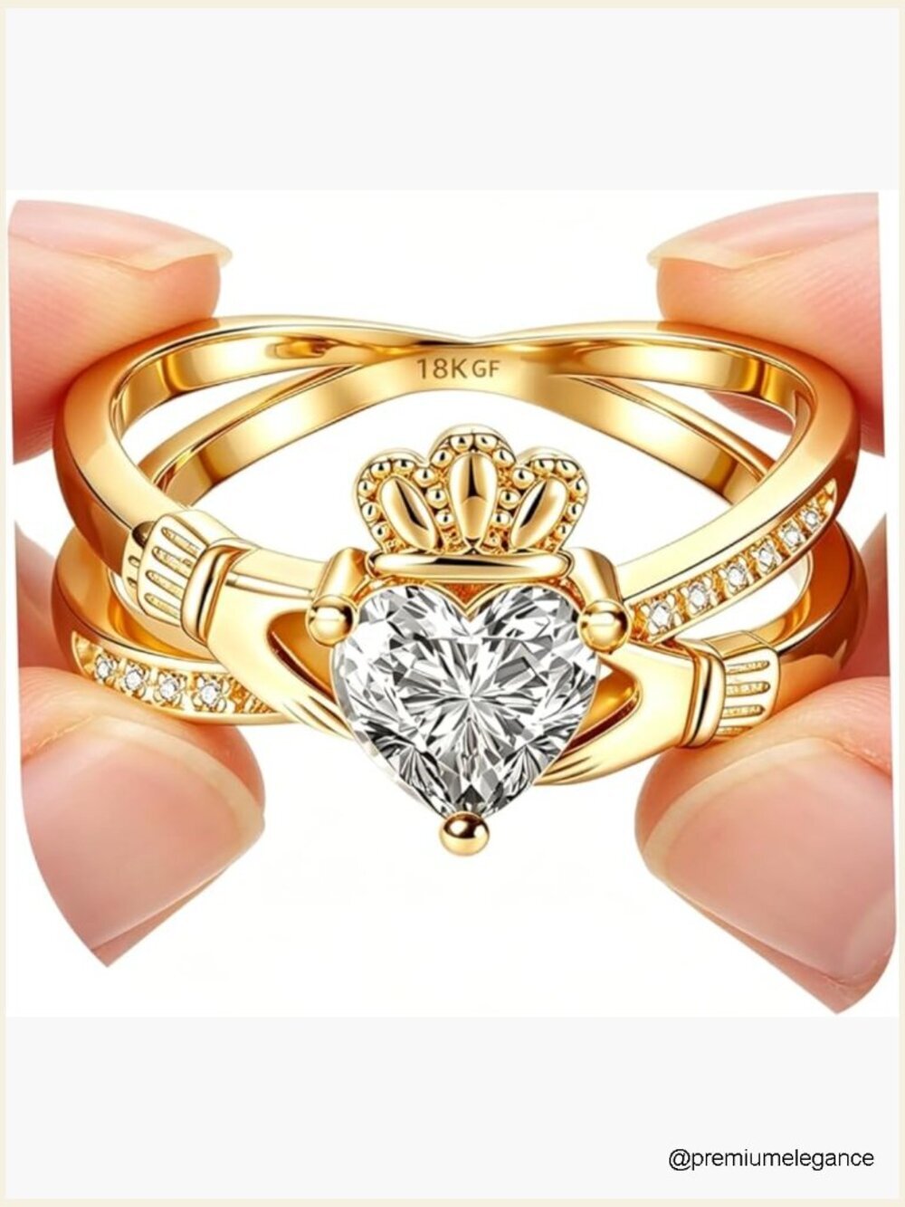 18K Gold Claddagh Ring, Cubic Zirconia Promise Ring, Irish